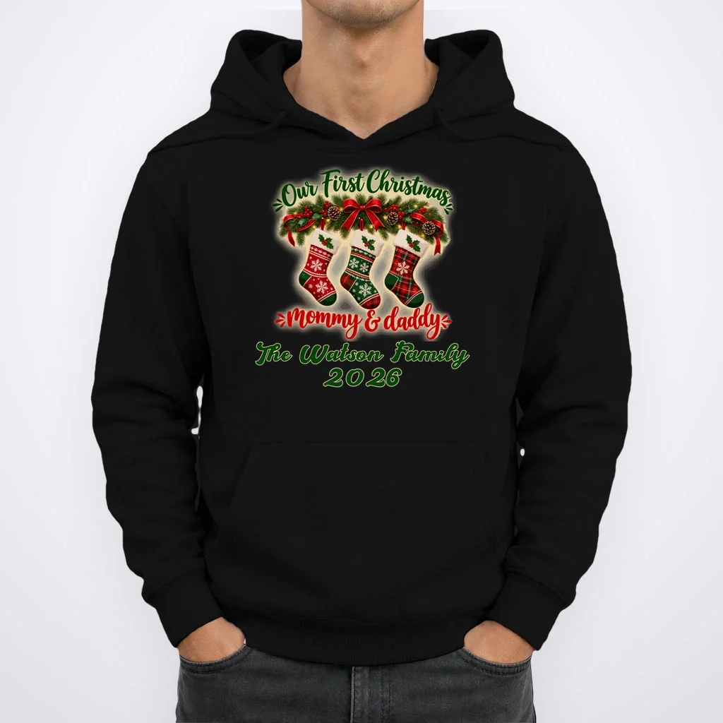Personalized Our First Christmas as Mommy & Daddy Custom Name Men's Hoodie - Front 1