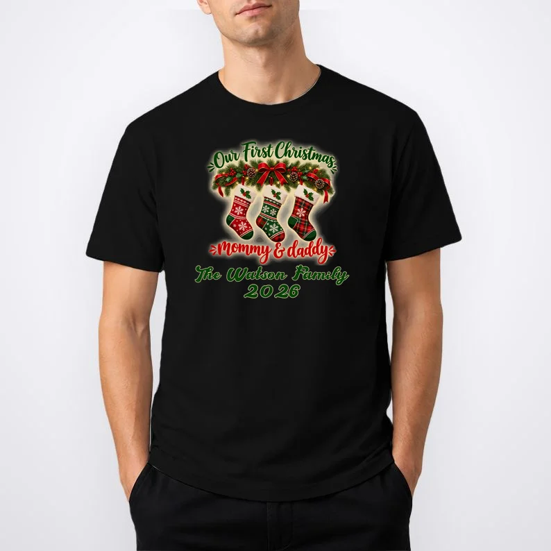 Personalized Our First Christmas as Mommy & Daddy Custom Name Men's T-Shirt - Front 1