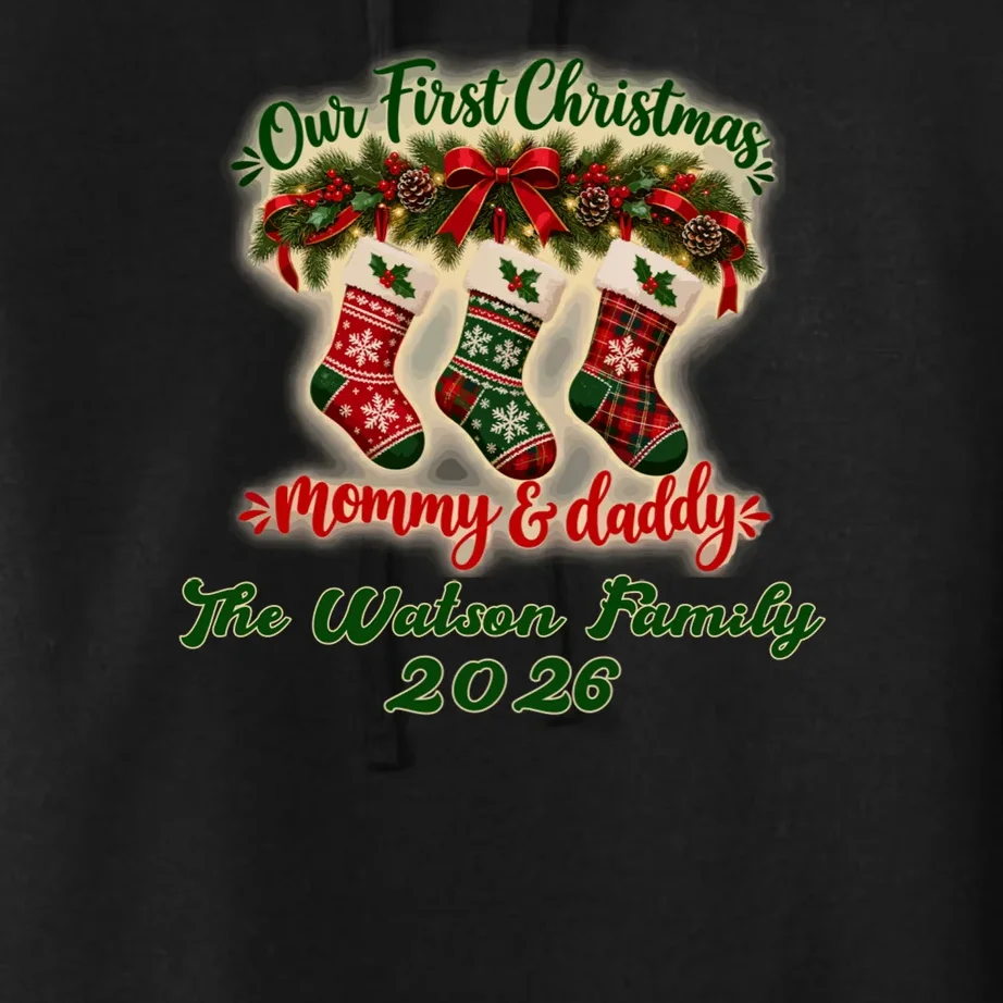 Personalized Our First Christmas as Mommy & Daddy Custom Name Women's Pullover Hoodie - Front - Close-up