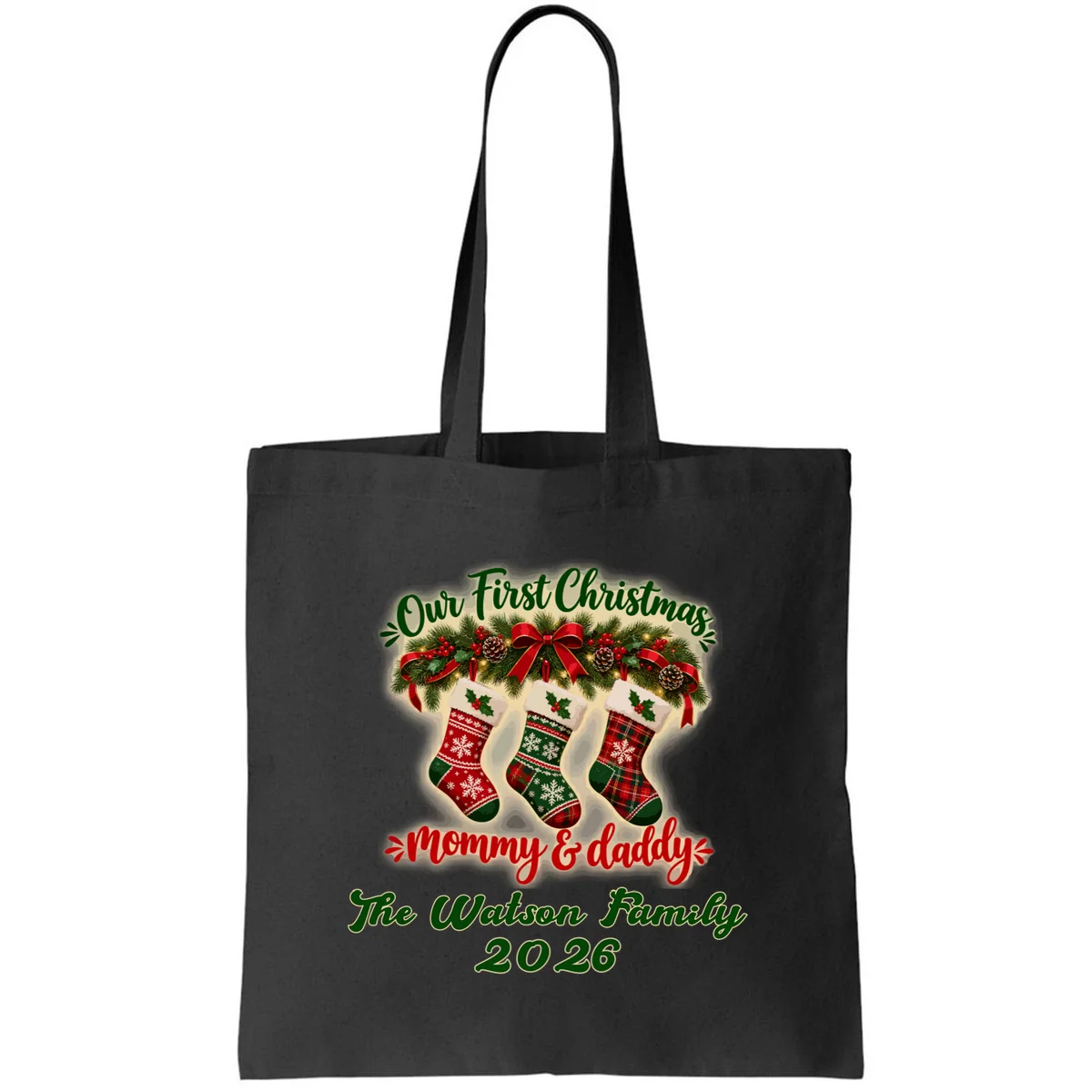 Personalized Our First Christmas as Mommy & Daddy Custom Name Tote Bag - Front
