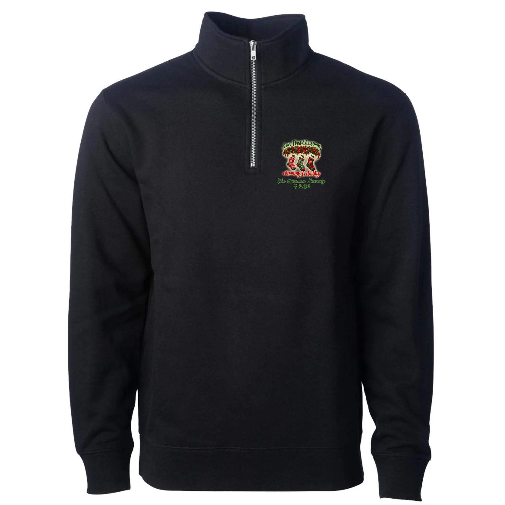 Personalized Our First Christmas as Mommy & Daddy Custom Name Men's Pullover Quarter Zip - Front