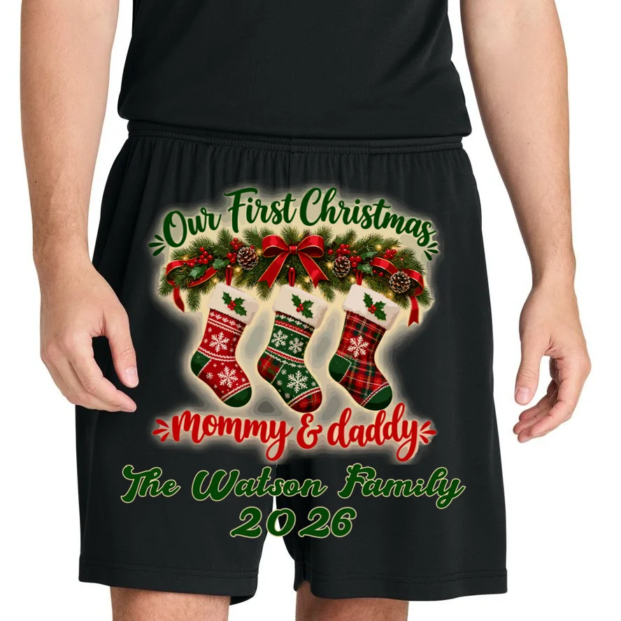 Personalized Our First Christmas as Mommy & Daddy Custom Name Men's Shorts - Front 1