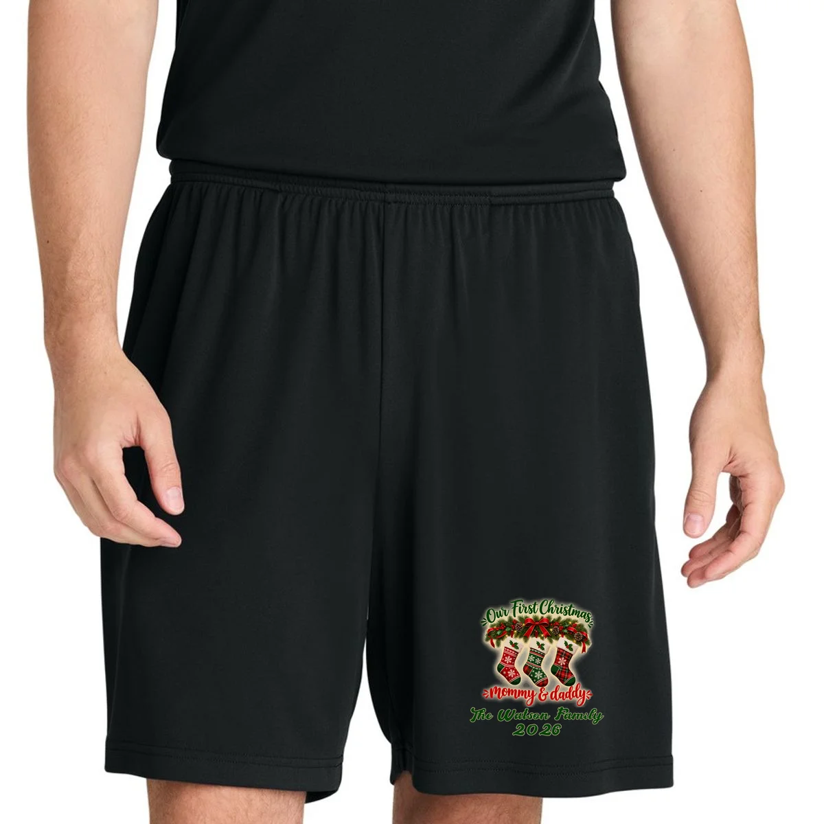 Personalized Our First Christmas as Mommy & Daddy Custom Name Men's Shorts - Front 1