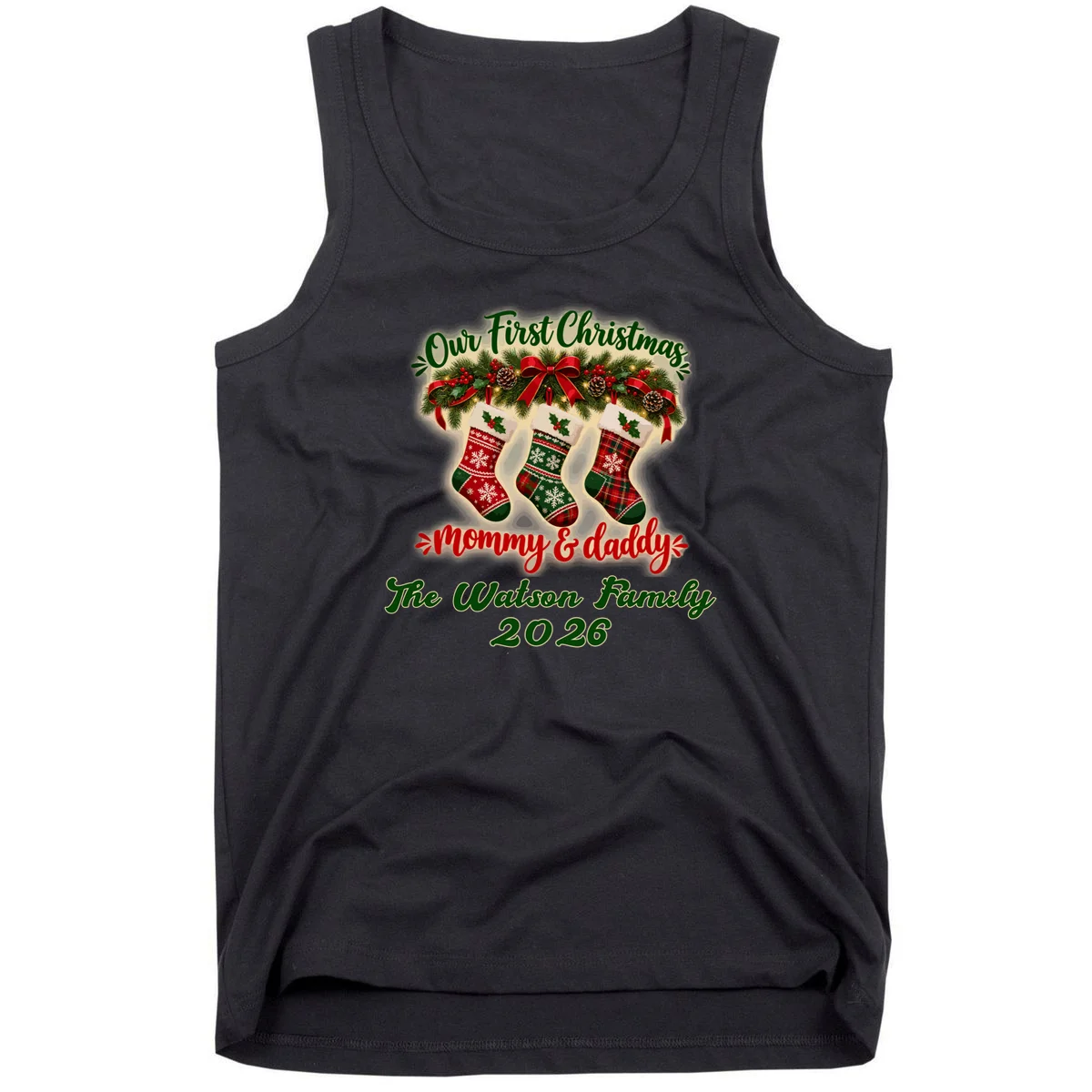 Personalized Our First Christmas as Mommy & Daddy Custom Name Men's Tank Top - Front