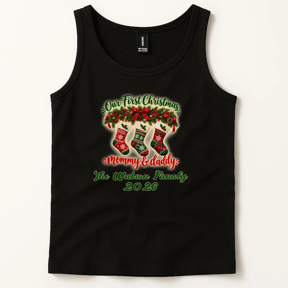 Personalized Our First Christmas as Mommy & Daddy Custom Name Men's Tank Top - Front 1