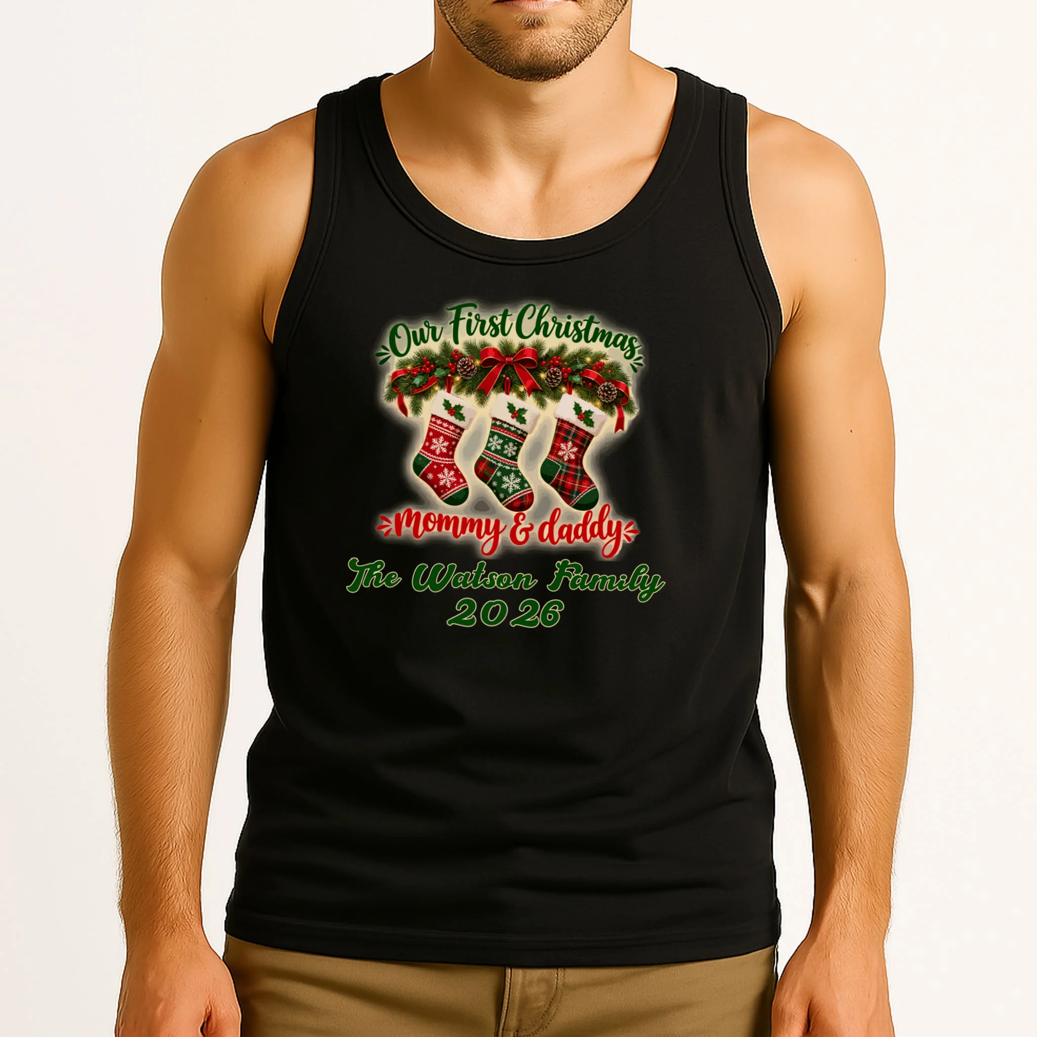 Personalized Our First Christmas as Mommy & Daddy Custom Name Men's Tank Top - Front 2