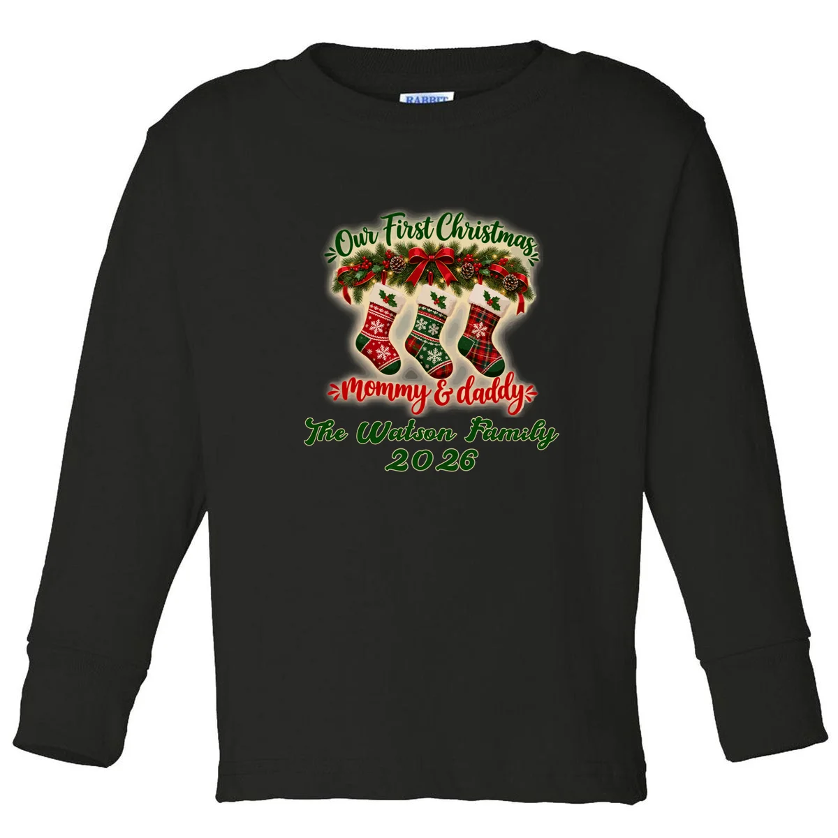 Personalized Our First Christmas as Mommy & Daddy Custom Name Toddler Long Sleeve Shirt - Front