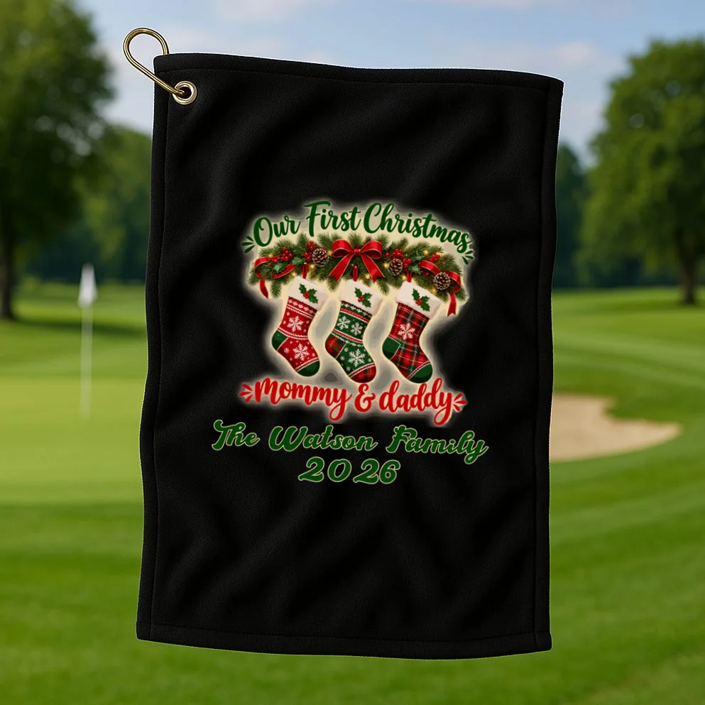 Personalized Our First Christmas as Mommy & Daddy Custom Name Golf Towel - Front 1