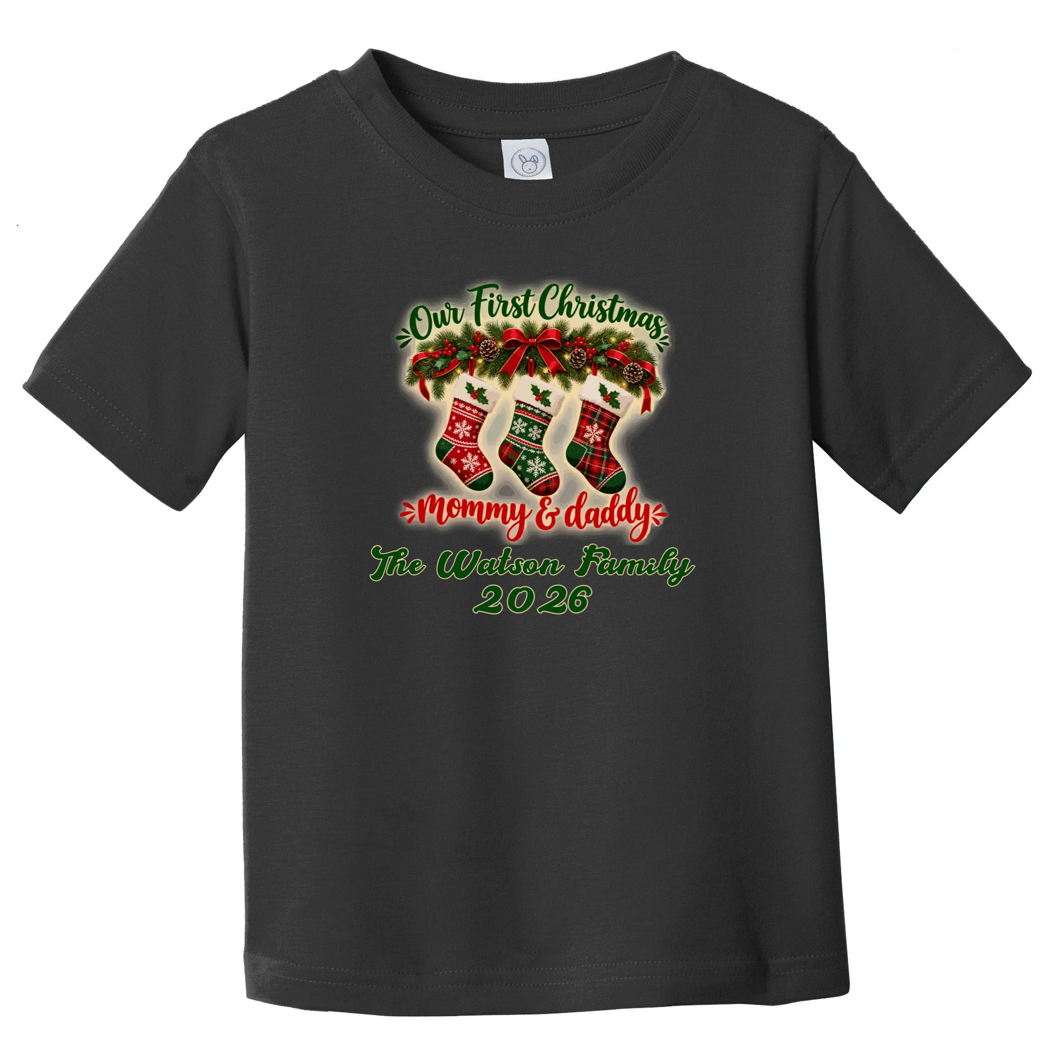Personalized Our First Christmas as Mommy & Daddy Custom Name Toddler T-Shirt - Front