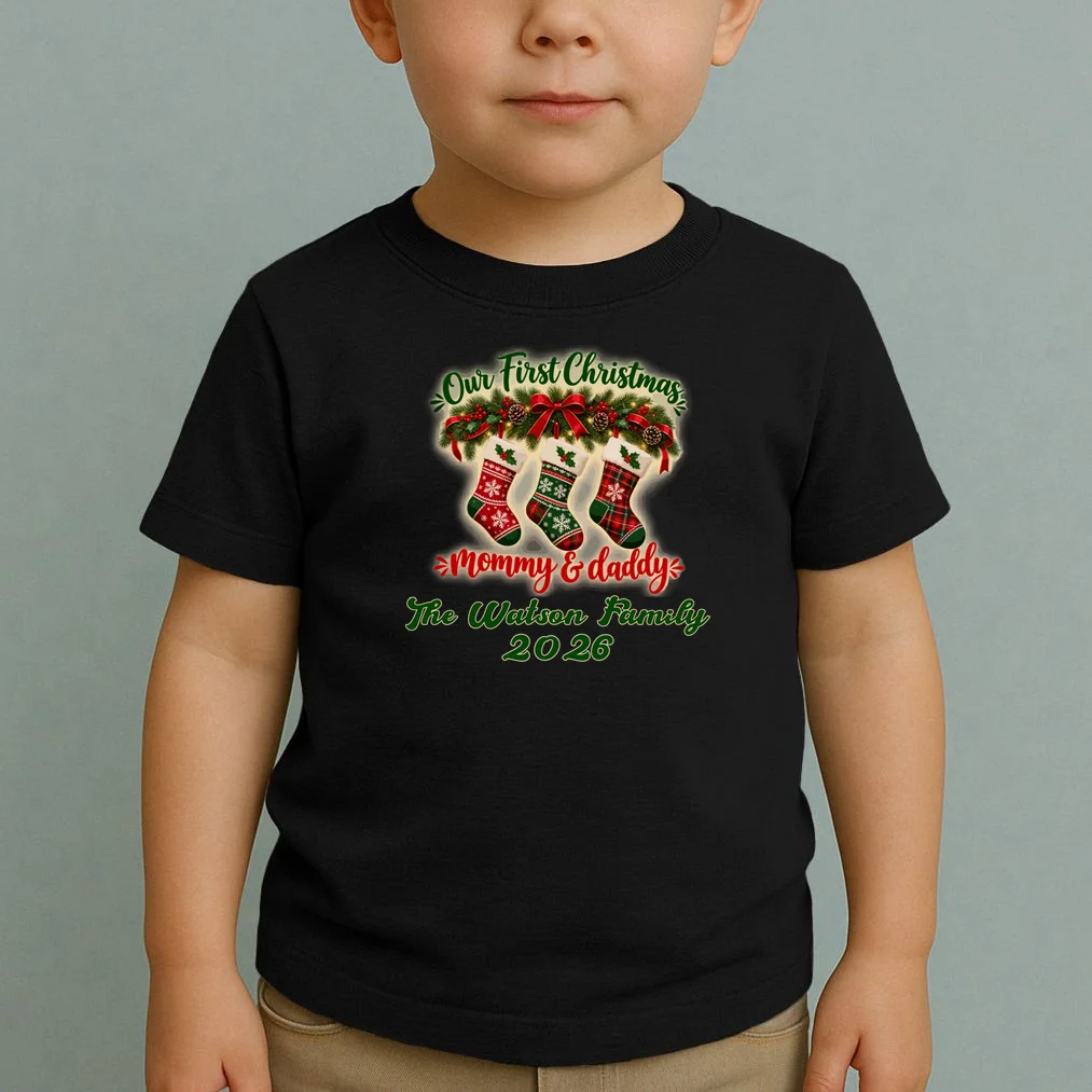 Personalized Our First Christmas as Mommy & Daddy Custom Name Toddler T-Shirt - Front 1