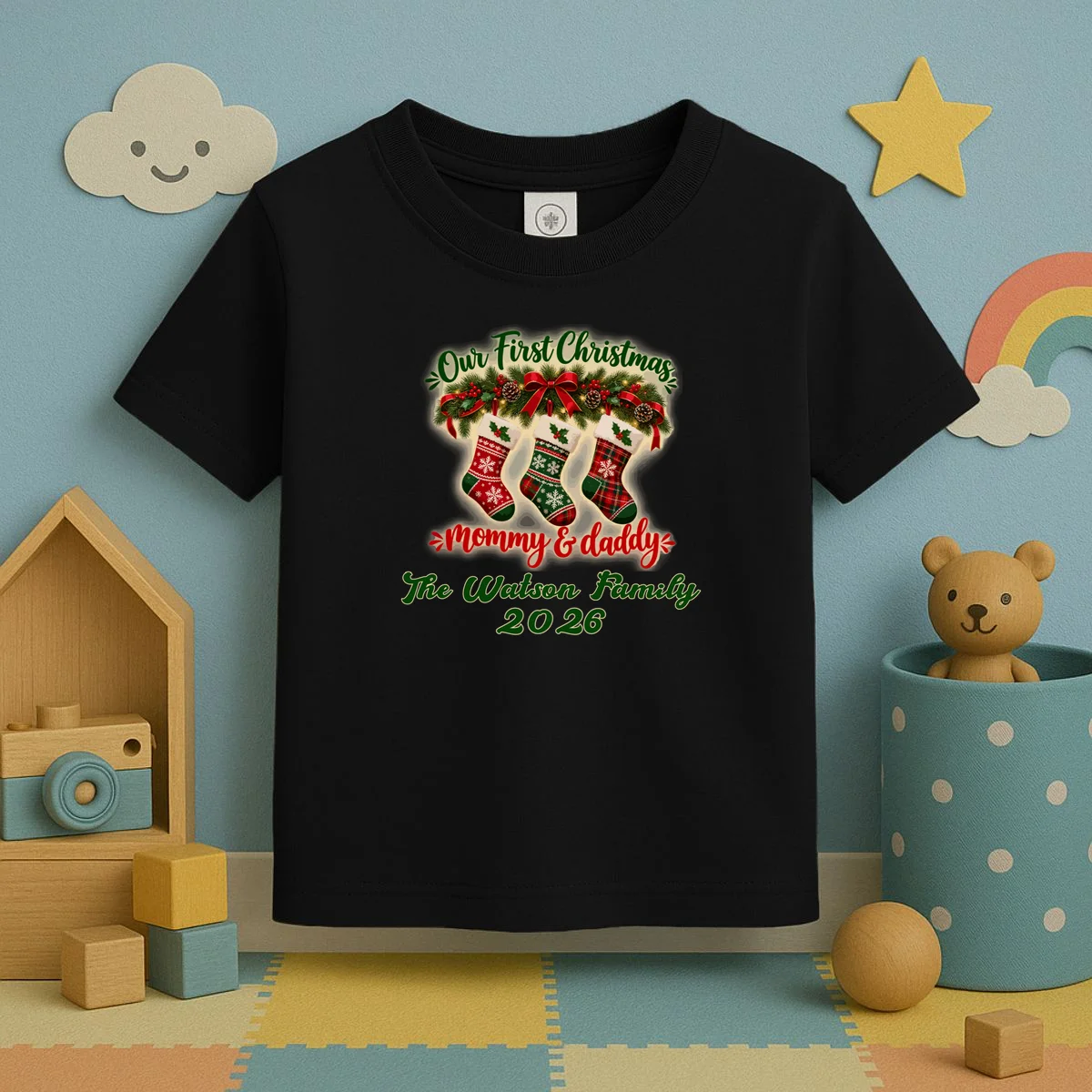 Personalized Our First Christmas as Mommy & Daddy Custom Name Toddler T-Shirt - Front 2
