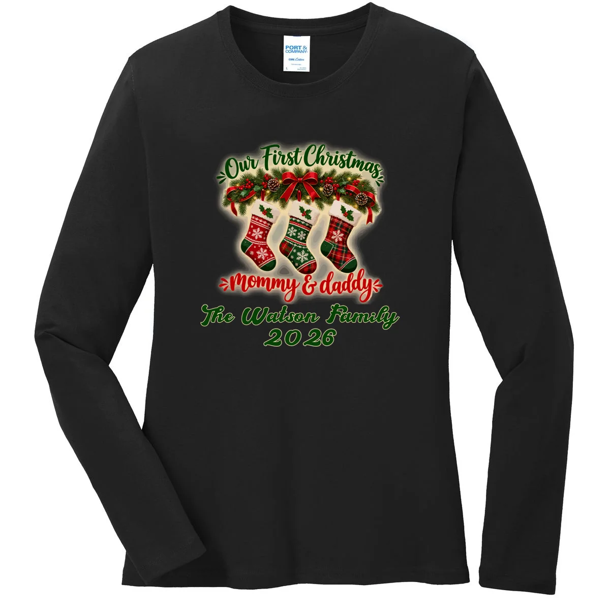 Personalized Our First Christmas as Mommy & Daddy Custom Name Women's Long Sleeve Shirt - Front