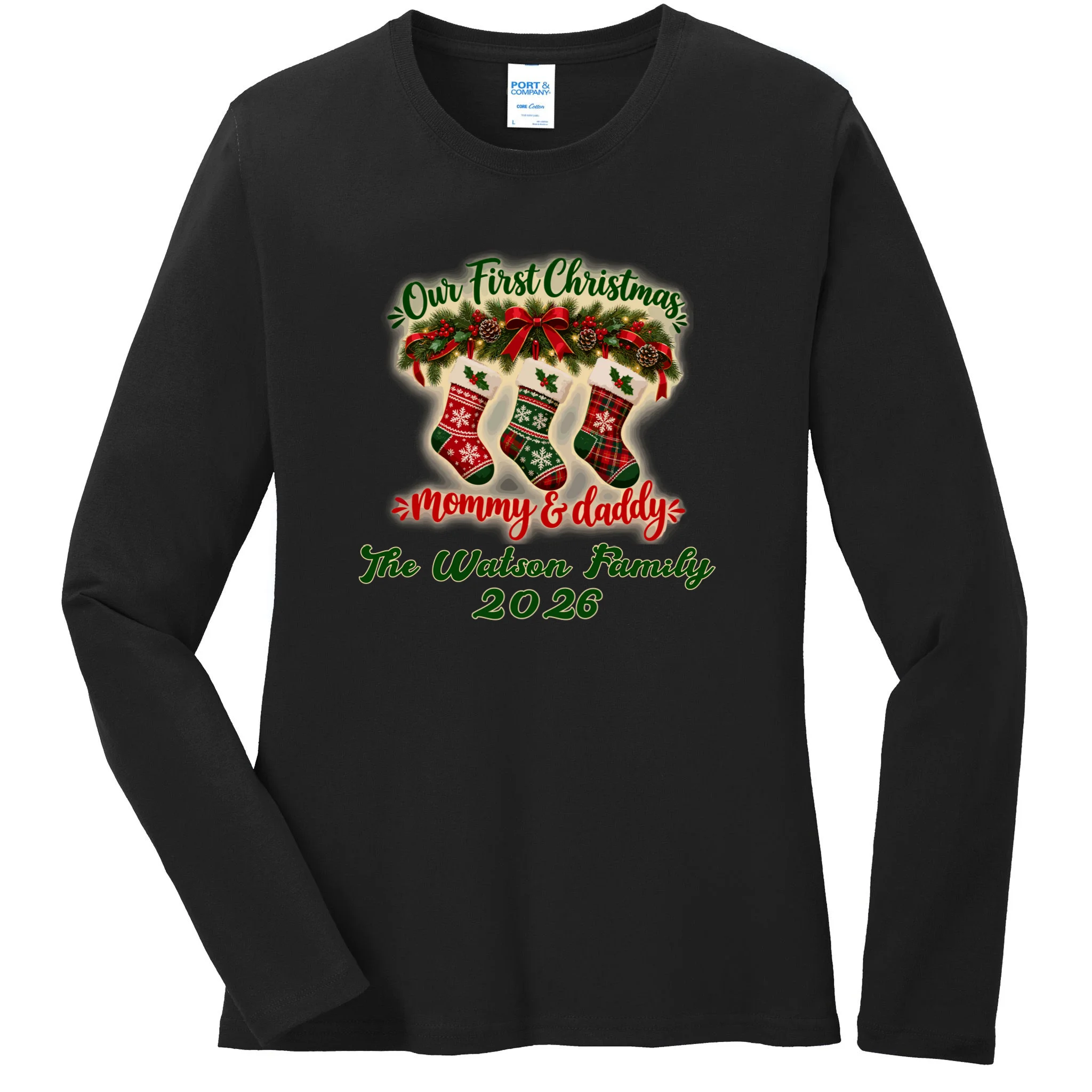 Personalized Our First Christmas as Mommy & Daddy Custom Name Women's Long Sleeve Shirt - Front