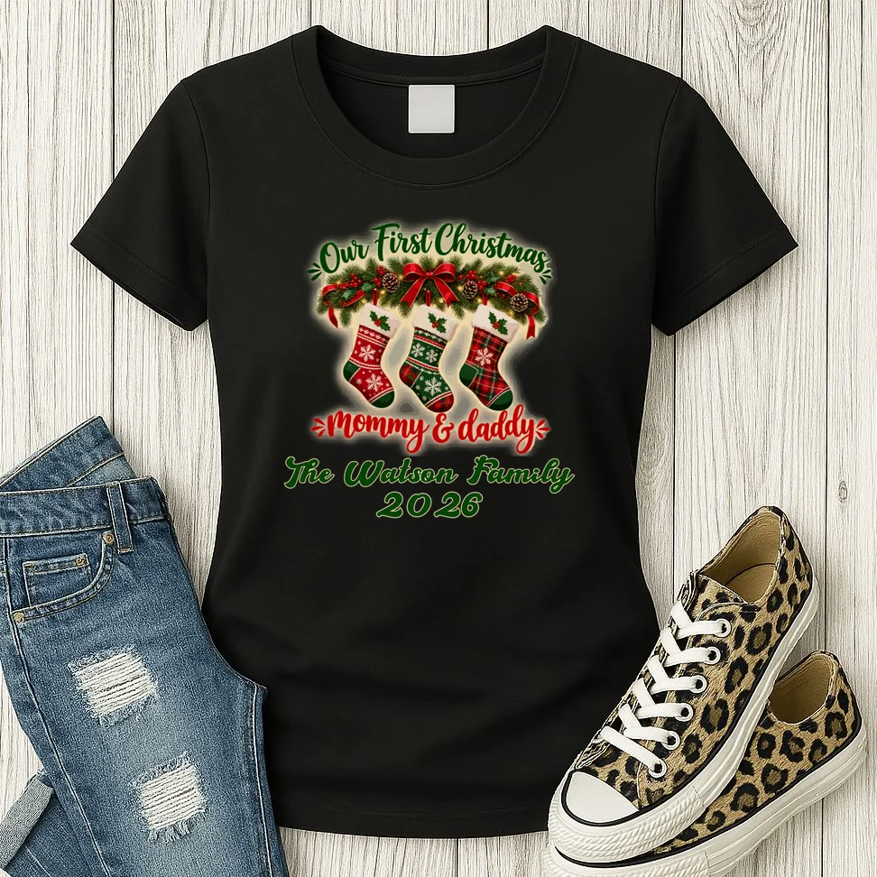 Personalized Our First Christmas as Mommy & Daddy Custom Name Women's T-Shirt - Front 2