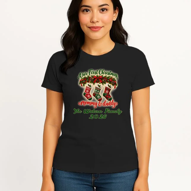 Personalized Our First Christmas as Mommy & Daddy Custom Name Women's T-Shirt - Front 3