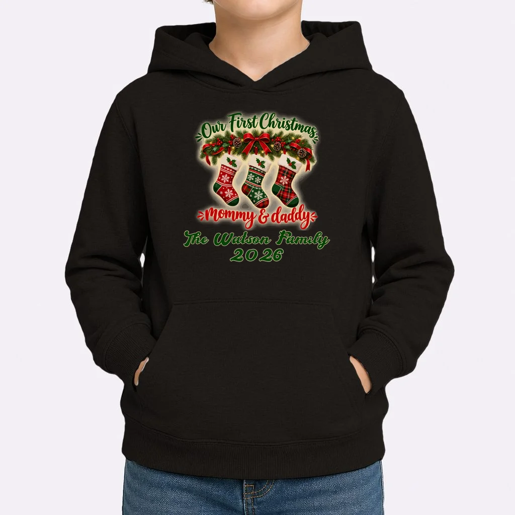 Personalized Our First Christmas as Mommy & Daddy Custom Name Kids Hoodie - Front 1