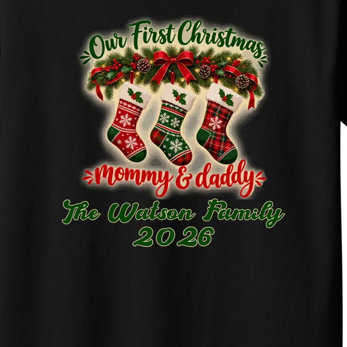 Personalized Our First Christmas as Mommy & Daddy Custom Name Kids T-Shirt - Front - Close-up