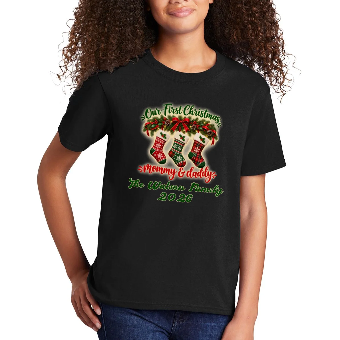 Personalized Our First Christmas as Mommy & Daddy Custom Name Kids T-Shirt - Front 1