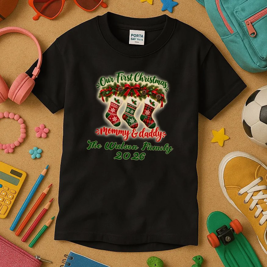 Personalized Our First Christmas as Mommy & Daddy Custom Name Kids T-Shirt - Front 2
