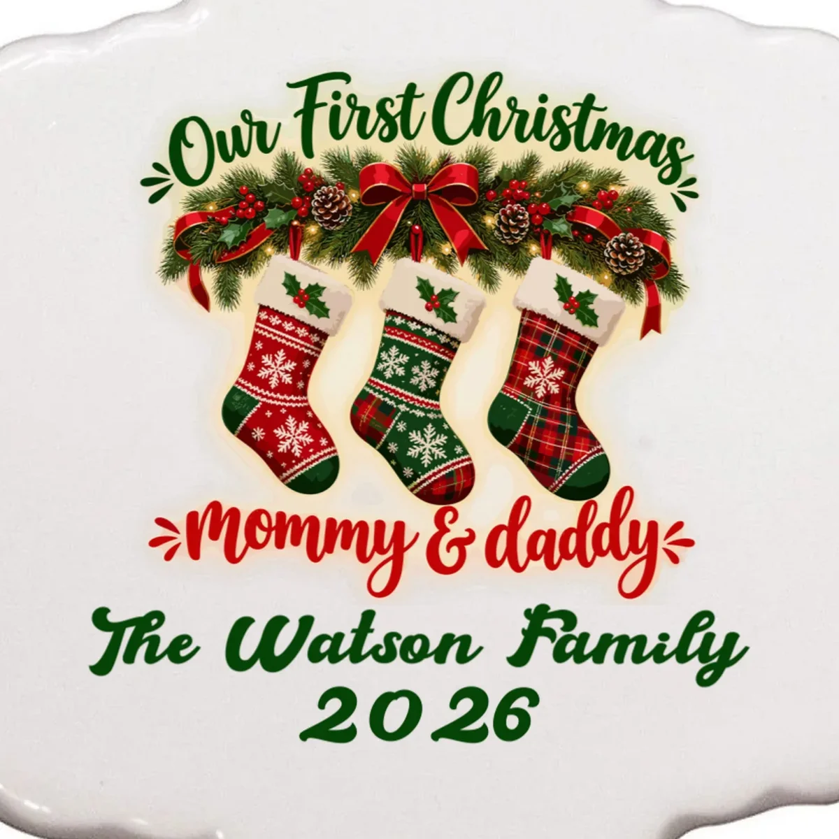 Personalized Our First Christmas as Mommy & Daddy Custom Name Ornament - Front - Close-up
