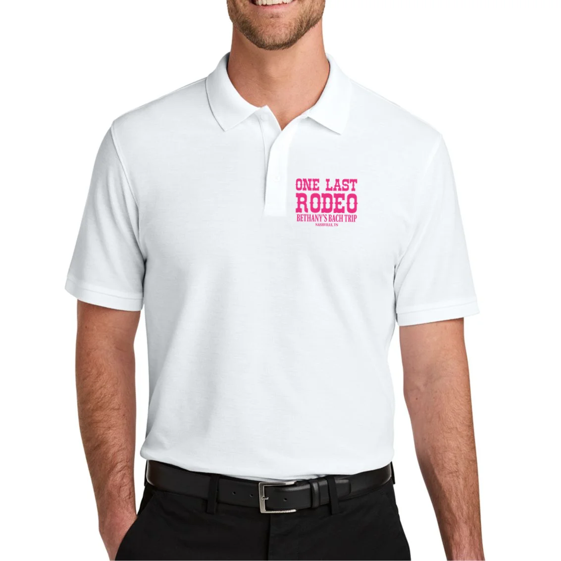 ONE LAST RODEO Bach Trip Nashville Customizable Men's Polo - Front 1