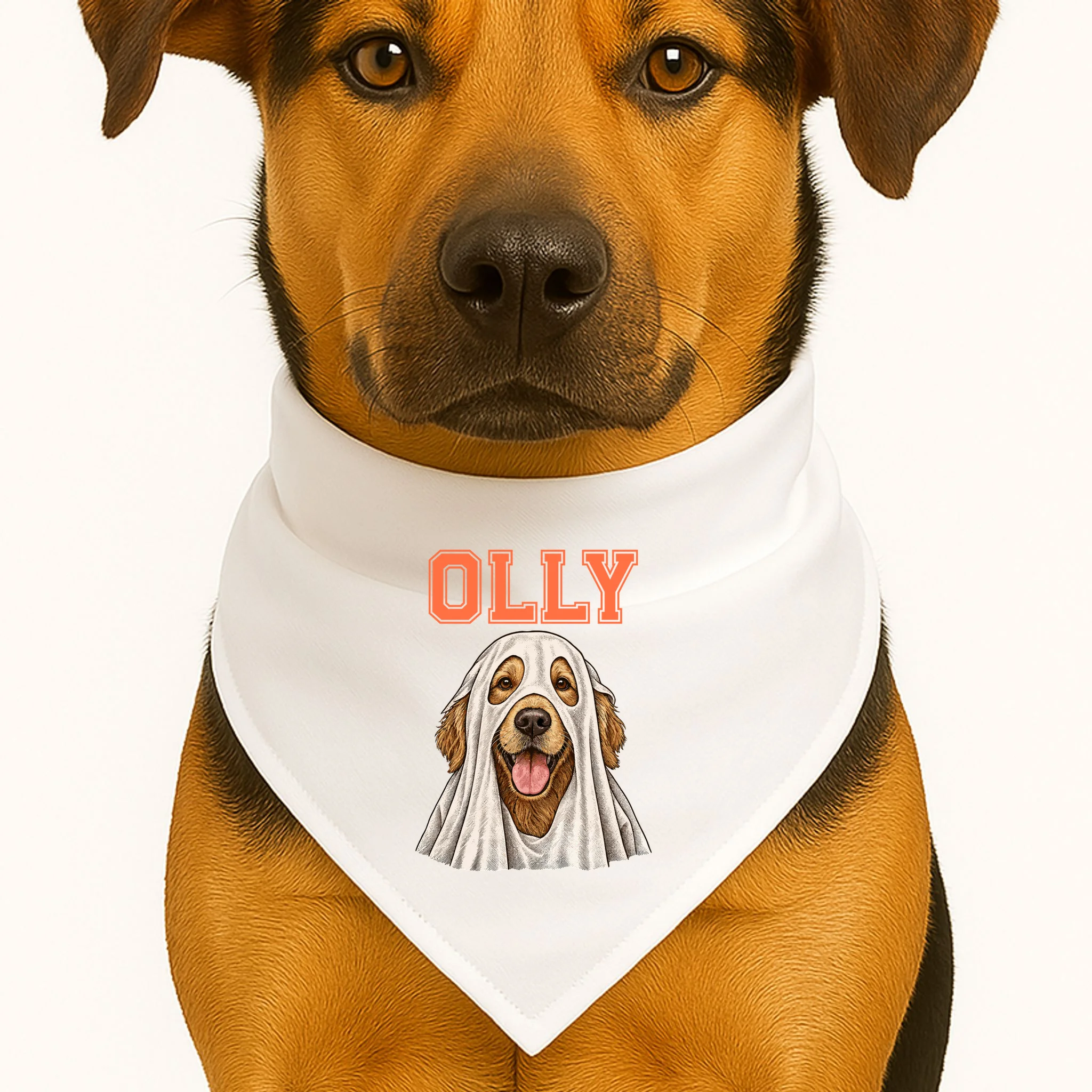 Custom Halloween Ghost Pet Portrait with Name – Personalized Spooky Dog & Cat Dog Bandana - Front 1