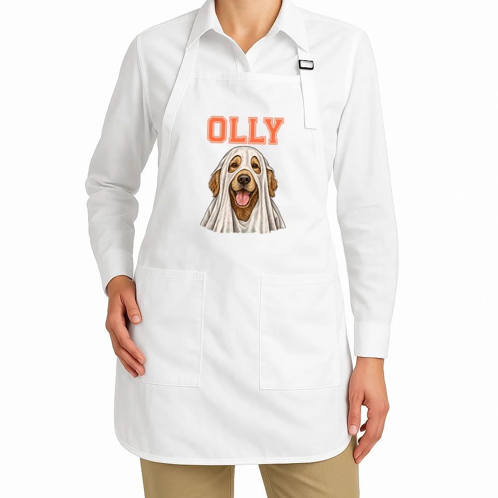 Custom Halloween Ghost Pet Portrait with Name – Personalized Spooky Dog & Cat Apron - Front 1
