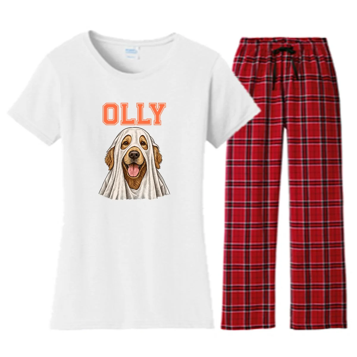 Custom Halloween Ghost Pet Portrait with Name – Personalized Spooky Dog & Cat Women's Flannel Pajama Set - Front