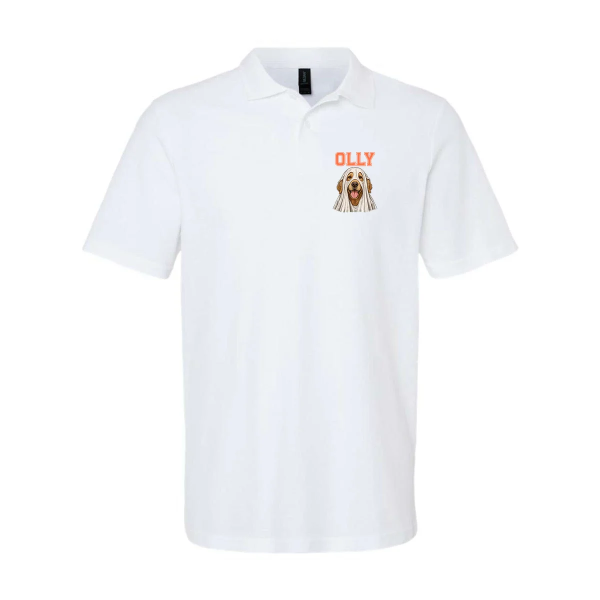 Custom Halloween Ghost Pet Portrait with Name – Personalized Spooky Dog & Cat Men's Polo - Front