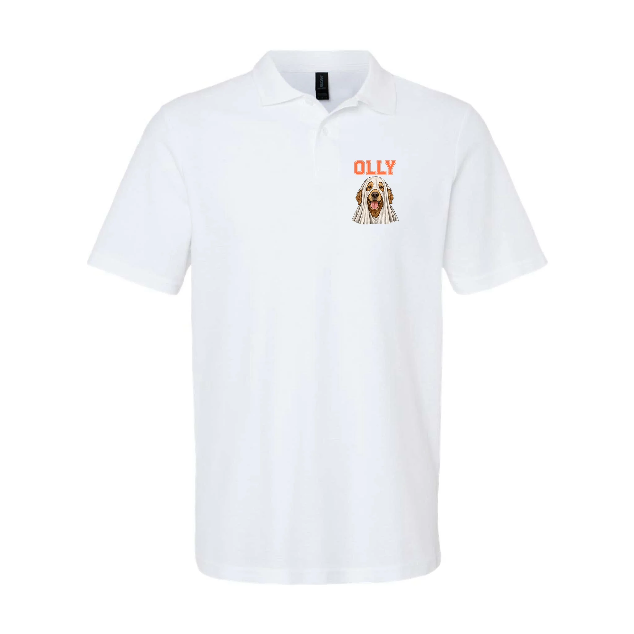 Custom Halloween Ghost Pet Portrait with Name – Personalized Spooky Dog & Cat Men's Polo - Front