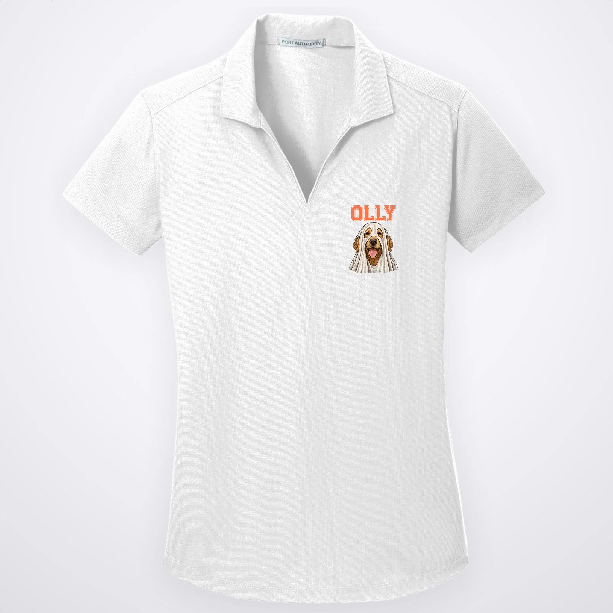 Custom Halloween Ghost Pet Portrait with Name – Personalized Spooky Dog & Cat Women's Polo - Front