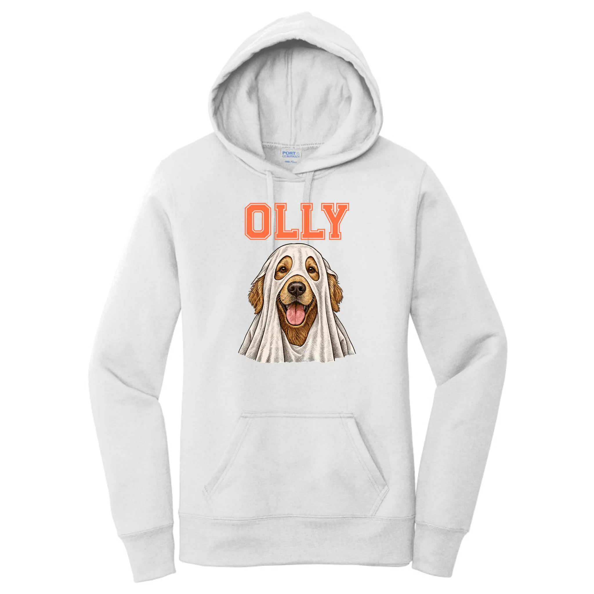 Custom Halloween Ghost Pet Portrait with Name – Personalized Spooky Dog & Cat Women's Pullover Hoodie - Front