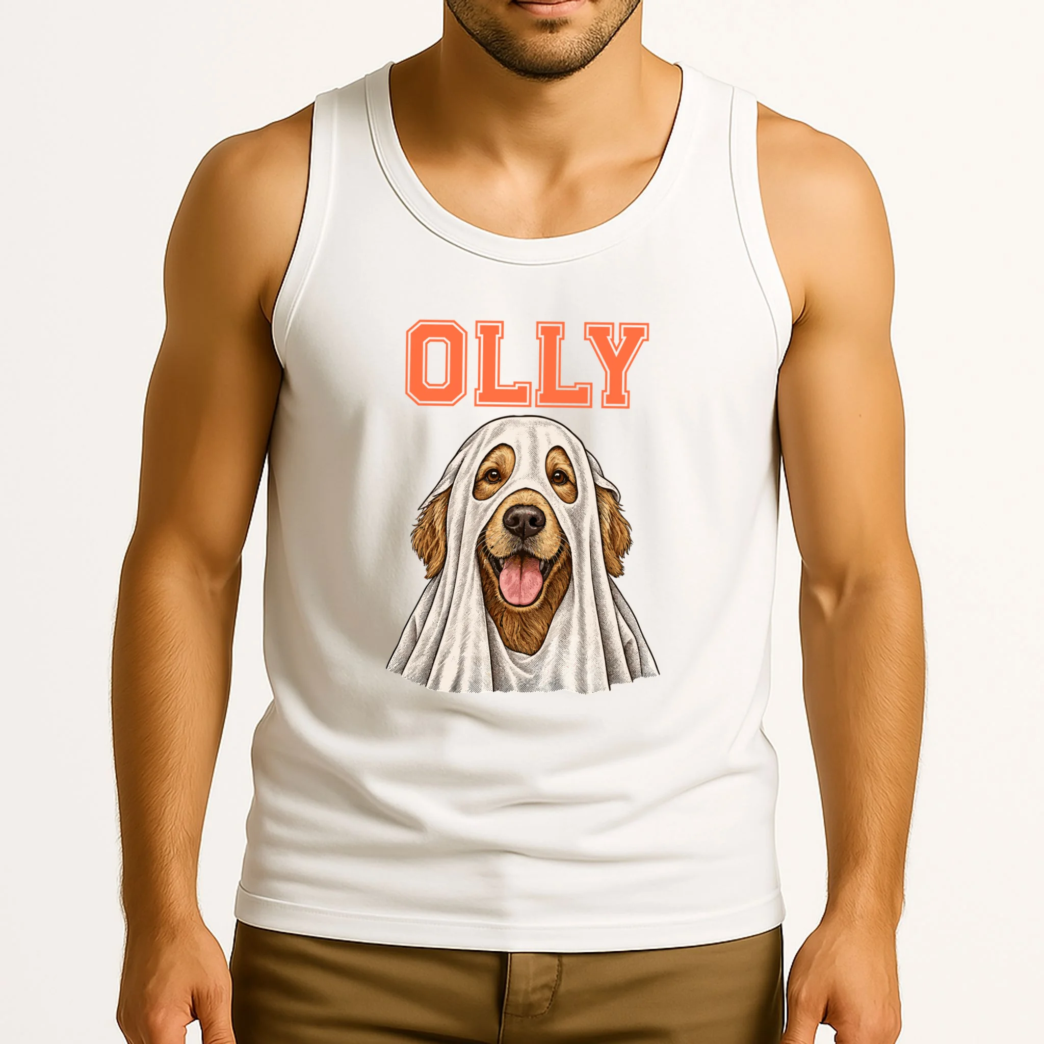 Custom Halloween Ghost Pet Portrait with Name – Personalized Spooky Dog & Cat Men's Tank Top - Front 2