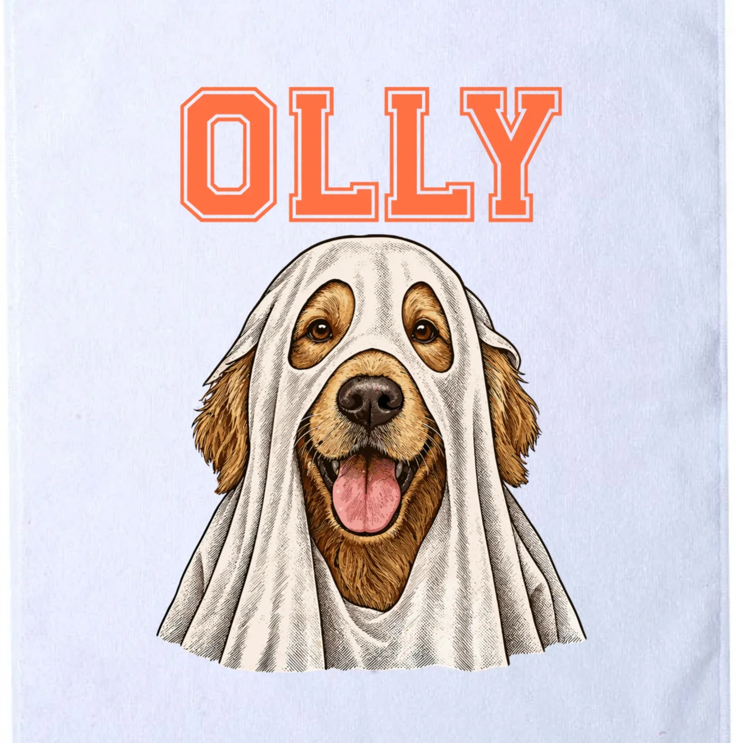 Custom Halloween Ghost Pet Portrait with Name – Personalized Spooky Dog & Cat Golf Towel - Front - Close-up