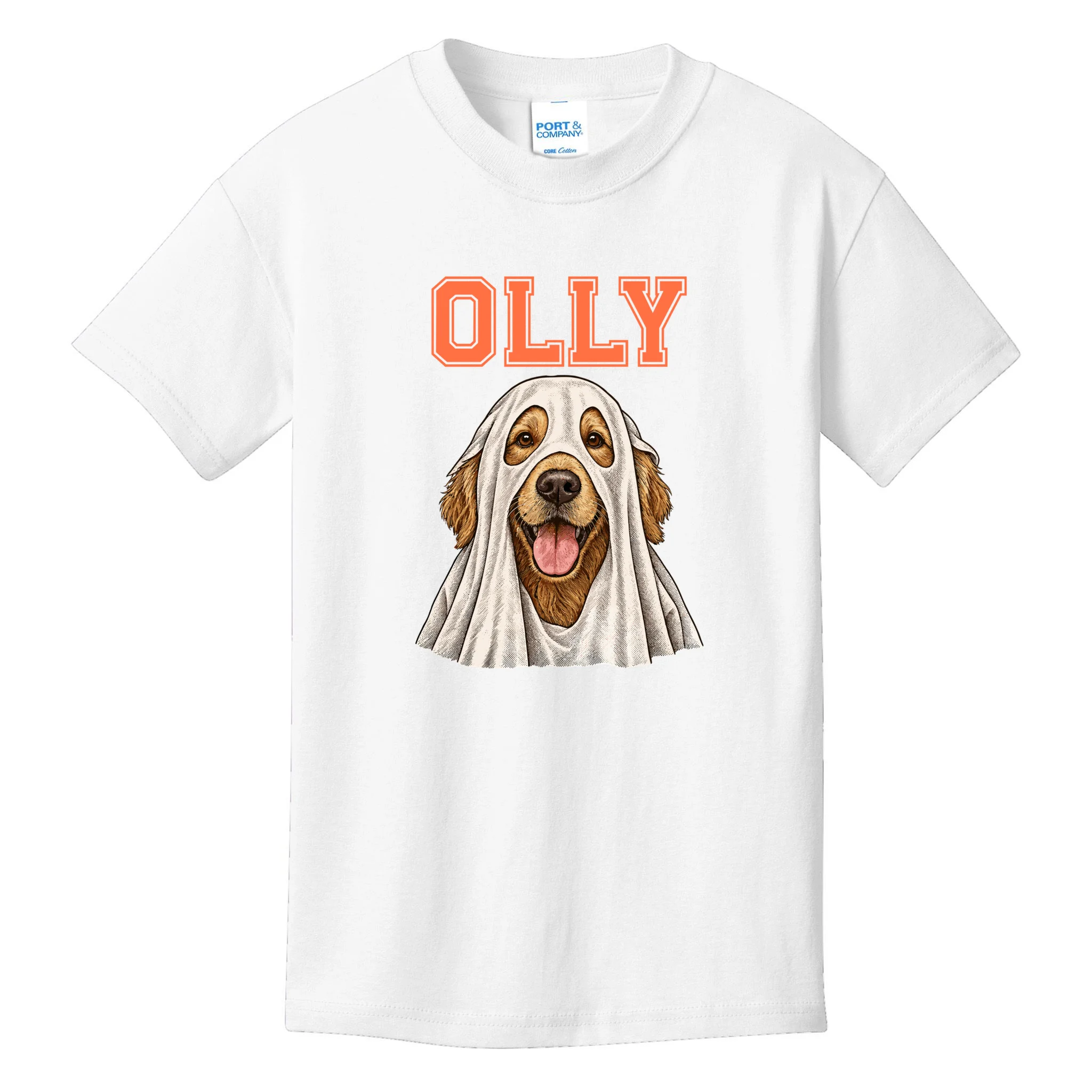 Custom Halloween Ghost Pet Portrait with Name – Personalized Spooky Dog & Cat Kids T-Shirt - Front