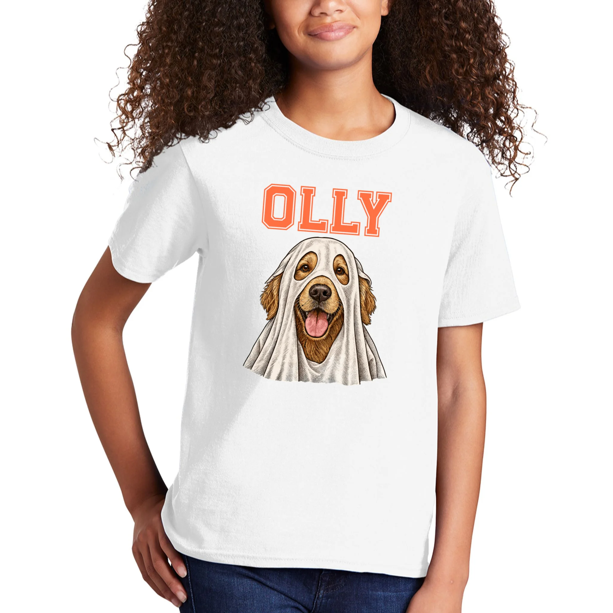 Custom Halloween Ghost Pet Portrait with Name – Personalized Spooky Dog & Cat Kids T-Shirt - Front 1