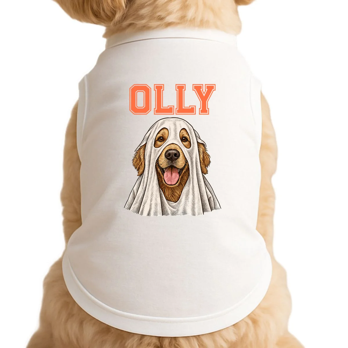 Custom Halloween Ghost Pet Portrait with Name – Personalized Spooky Dog & Cat Shirt Doggie Tank - Front