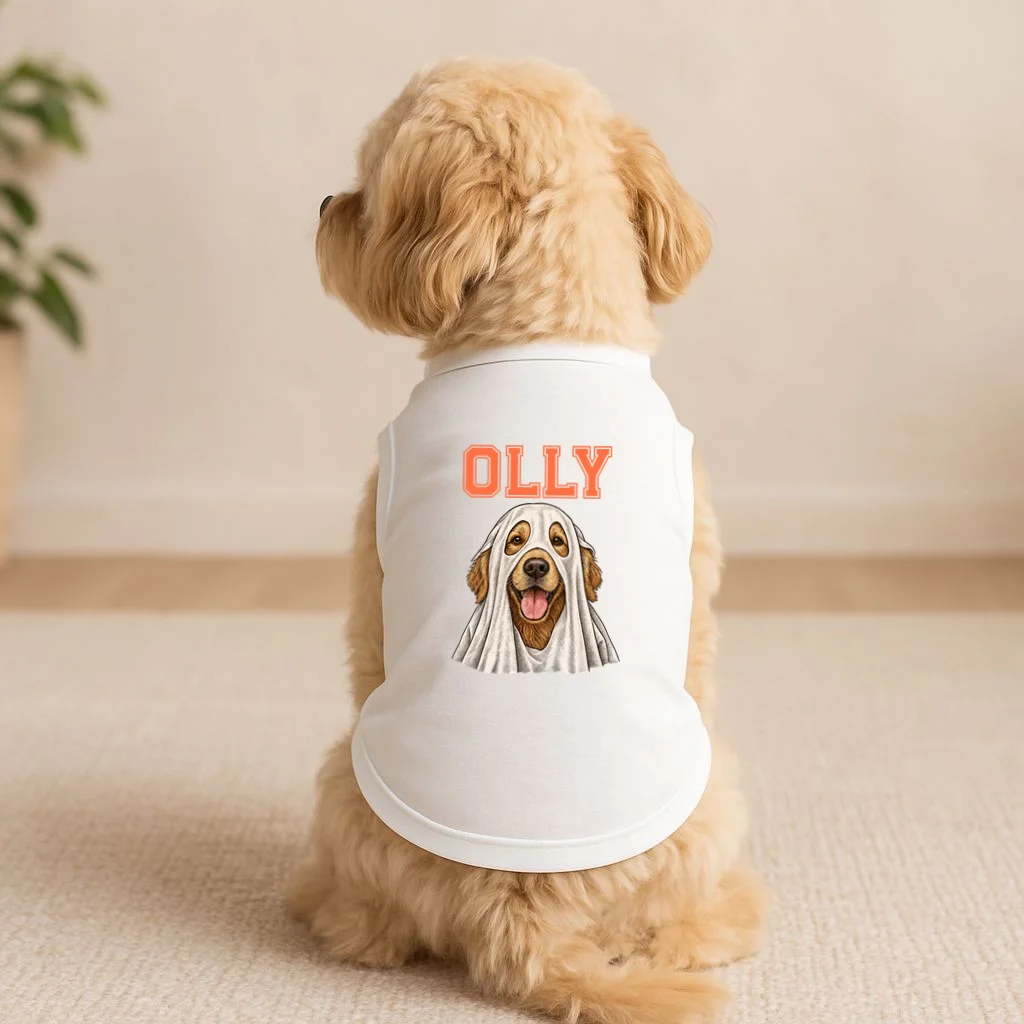 Custom Halloween Ghost Pet Portrait with Name – Personalized Spooky Dog & Cat Shirt Doggie Tank - Front 1