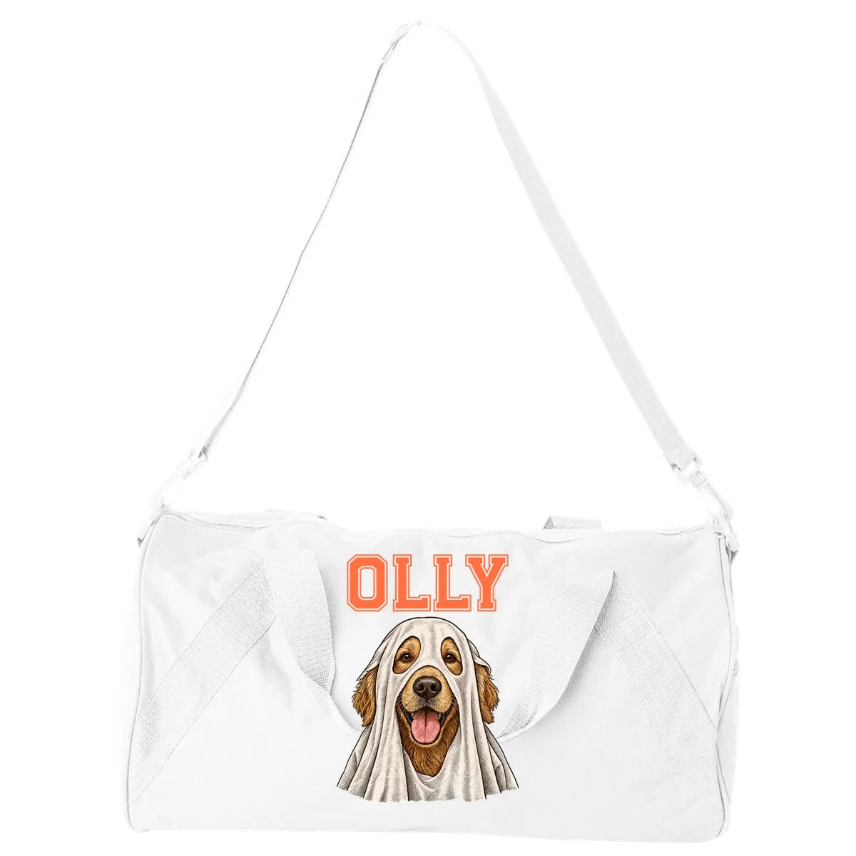 Custom Halloween Ghost Pet Portrait with Name – Personalized Spooky Dog & Cat Shirt Duffel Bag - Front
