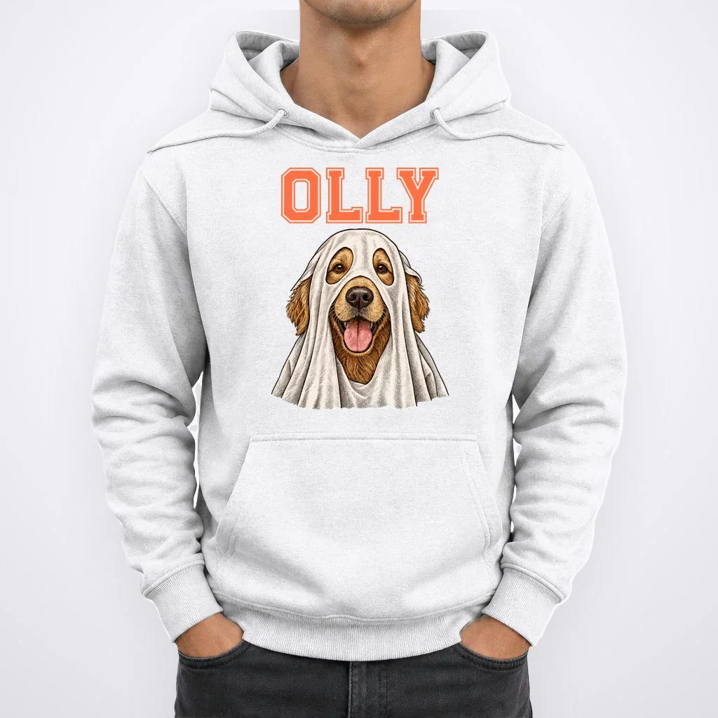 Custom Halloween Ghost Pet Portrait with Name – Personalized Spooky Dog & Cat Shirt Men's Hoodie - Front 1