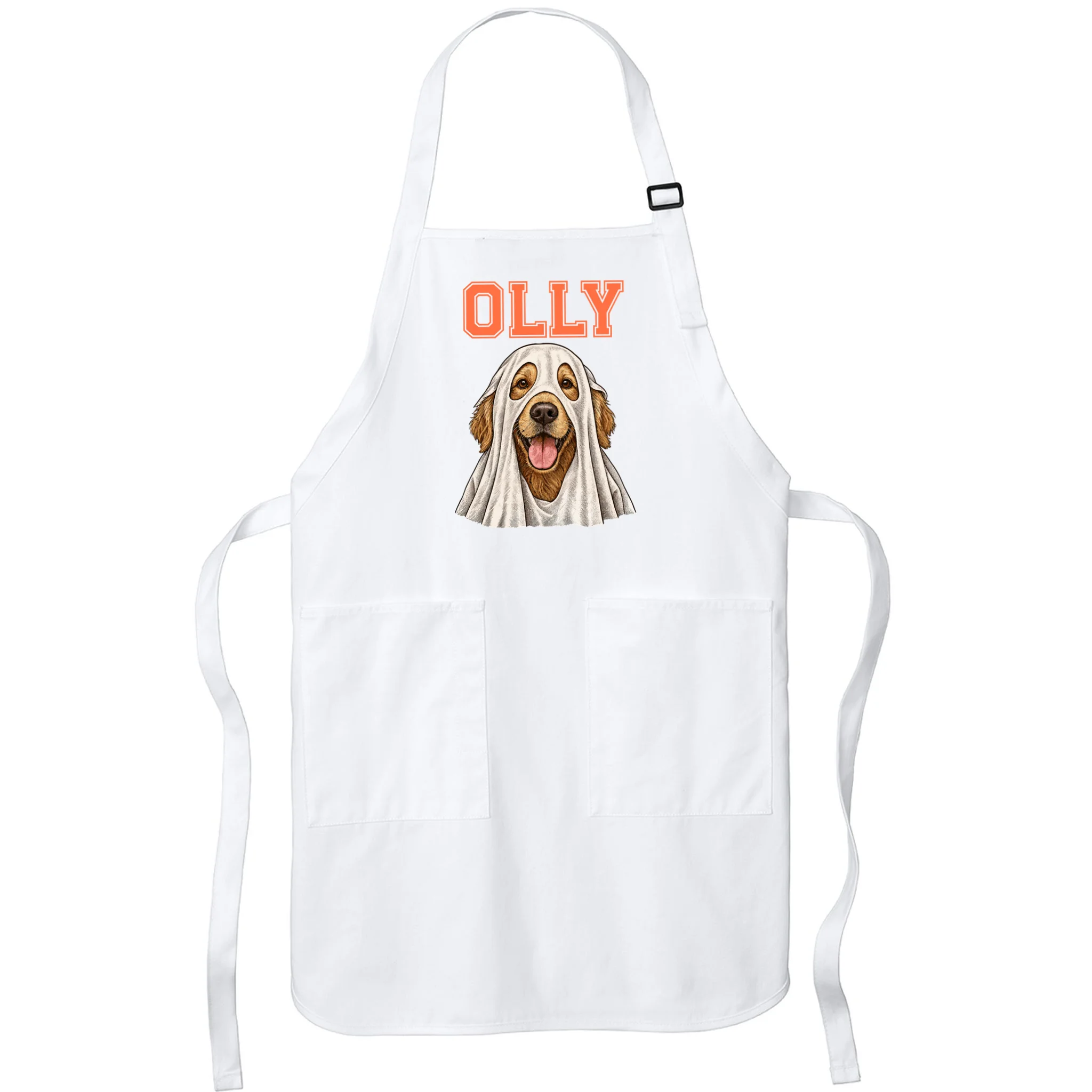 Custom Halloween Ghost Pet Portrait with Name – Personalized Spooky Dog & Cat Shirt Apron - Front