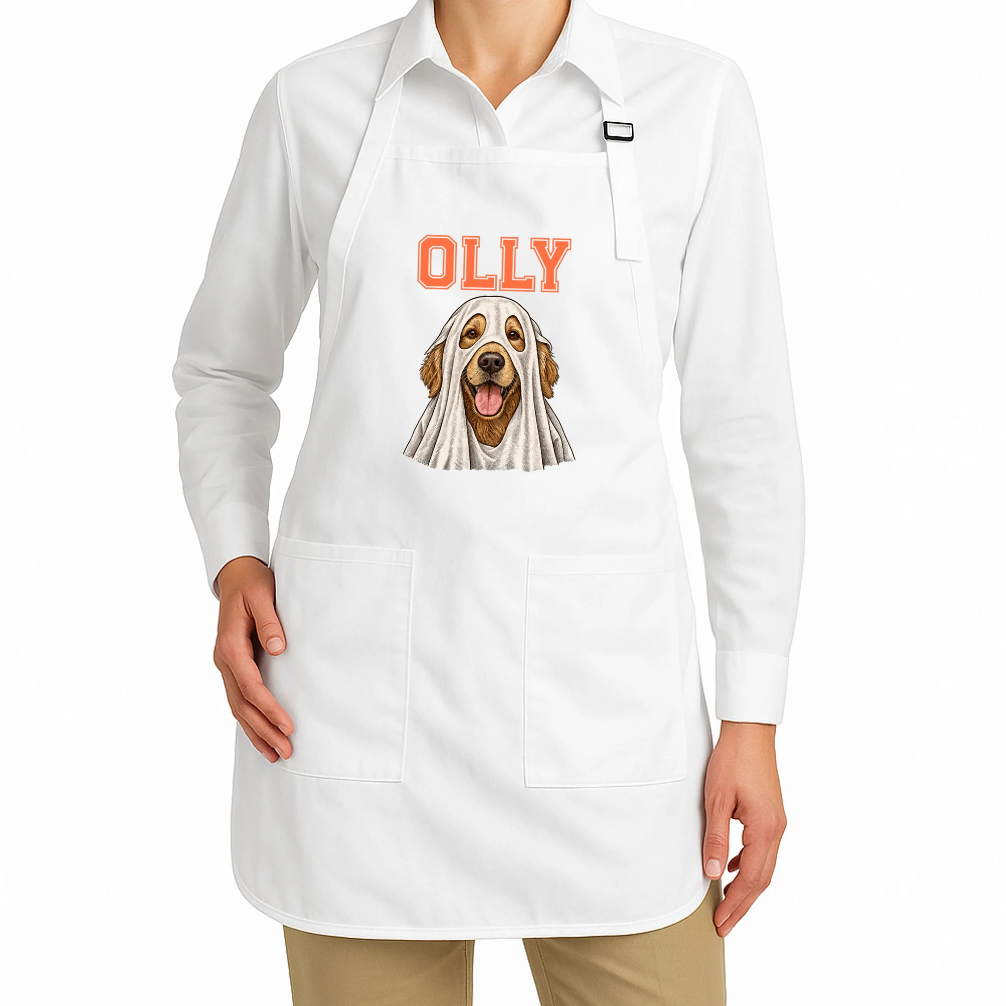 Custom Halloween Ghost Pet Portrait with Name – Personalized Spooky Dog & Cat Shirt Apron - Front 1