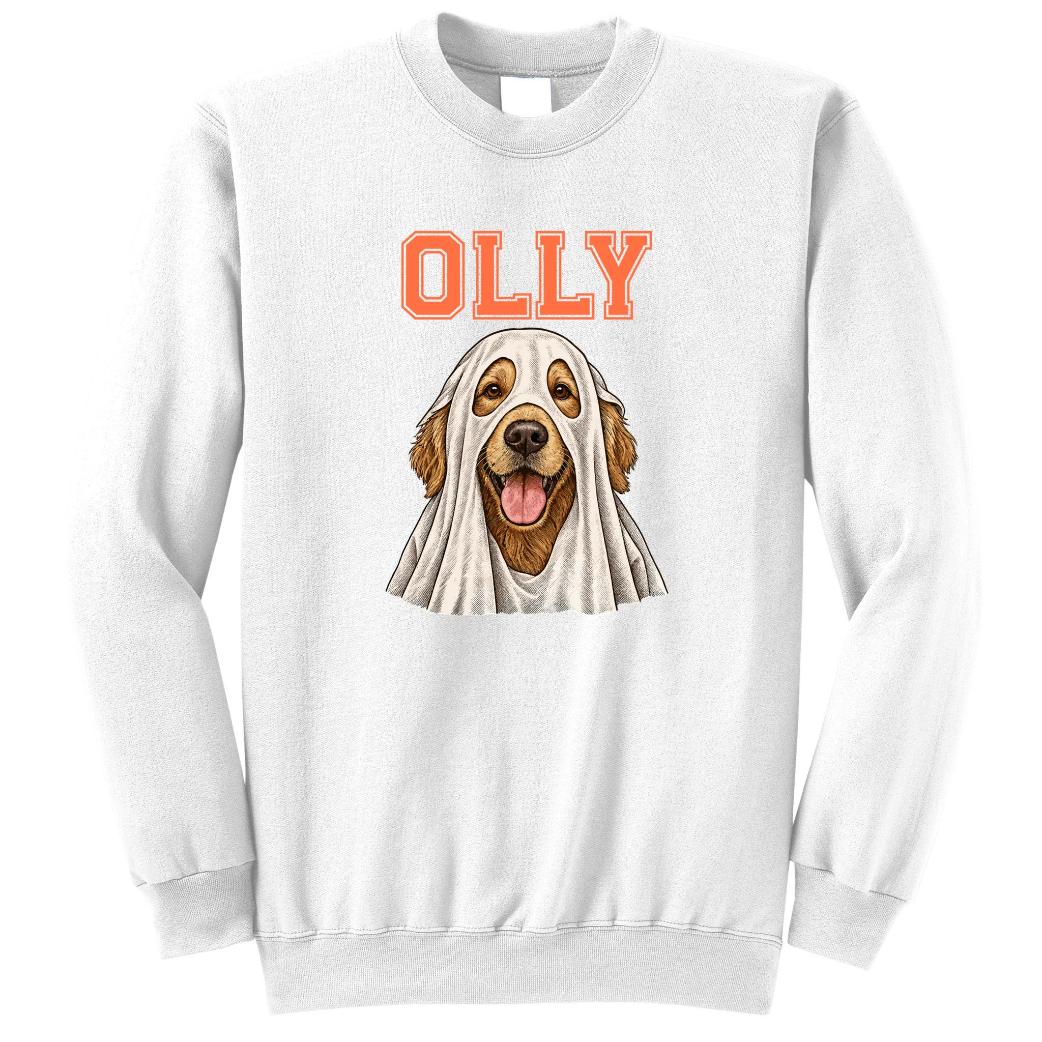 Custom Halloween Ghost Pet Portrait with Name – Personalized Spooky Dog & Cat Shirt Men's Sweatshirt - Front