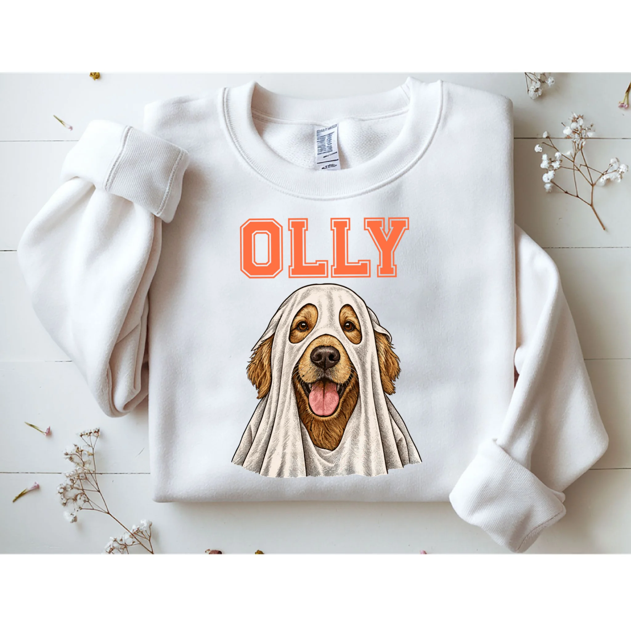 Custom Halloween Ghost Pet Portrait with Name – Personalized Spooky Dog & Cat Shirt Men's Sweatshirt - Front 1