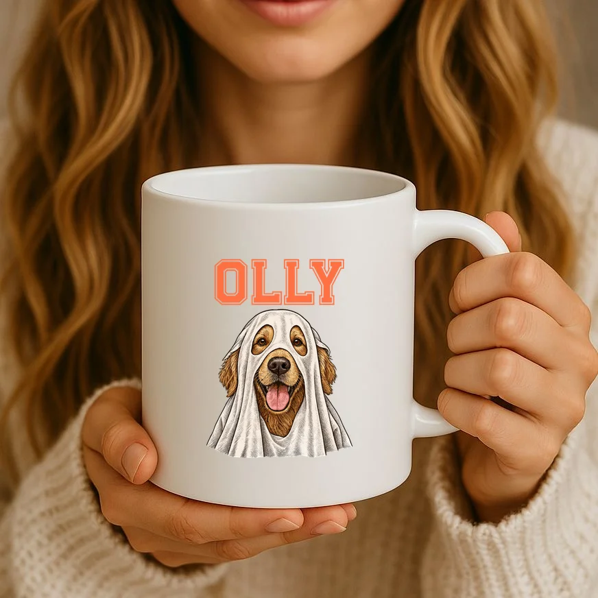Custom Halloween Ghost Pet Portrait with Name – Personalized Spooky Dog & Cat Shirt Mug - Front 2