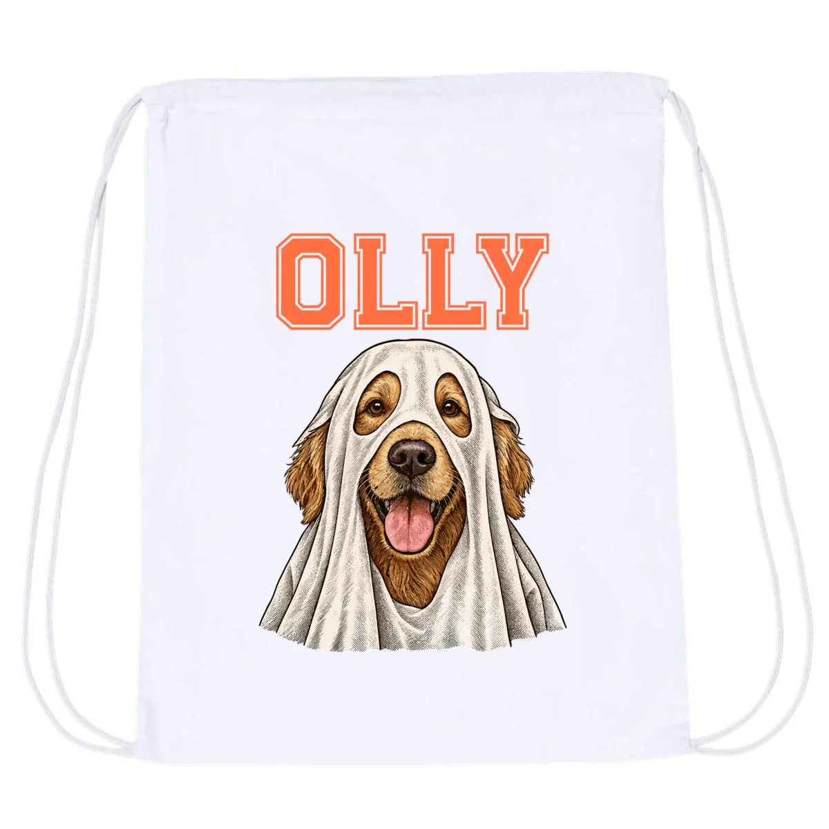 Custom Halloween Ghost Pet Portrait with Name – Personalized Spooky Dog & Cat Shirt Drawstring Bag - Front
