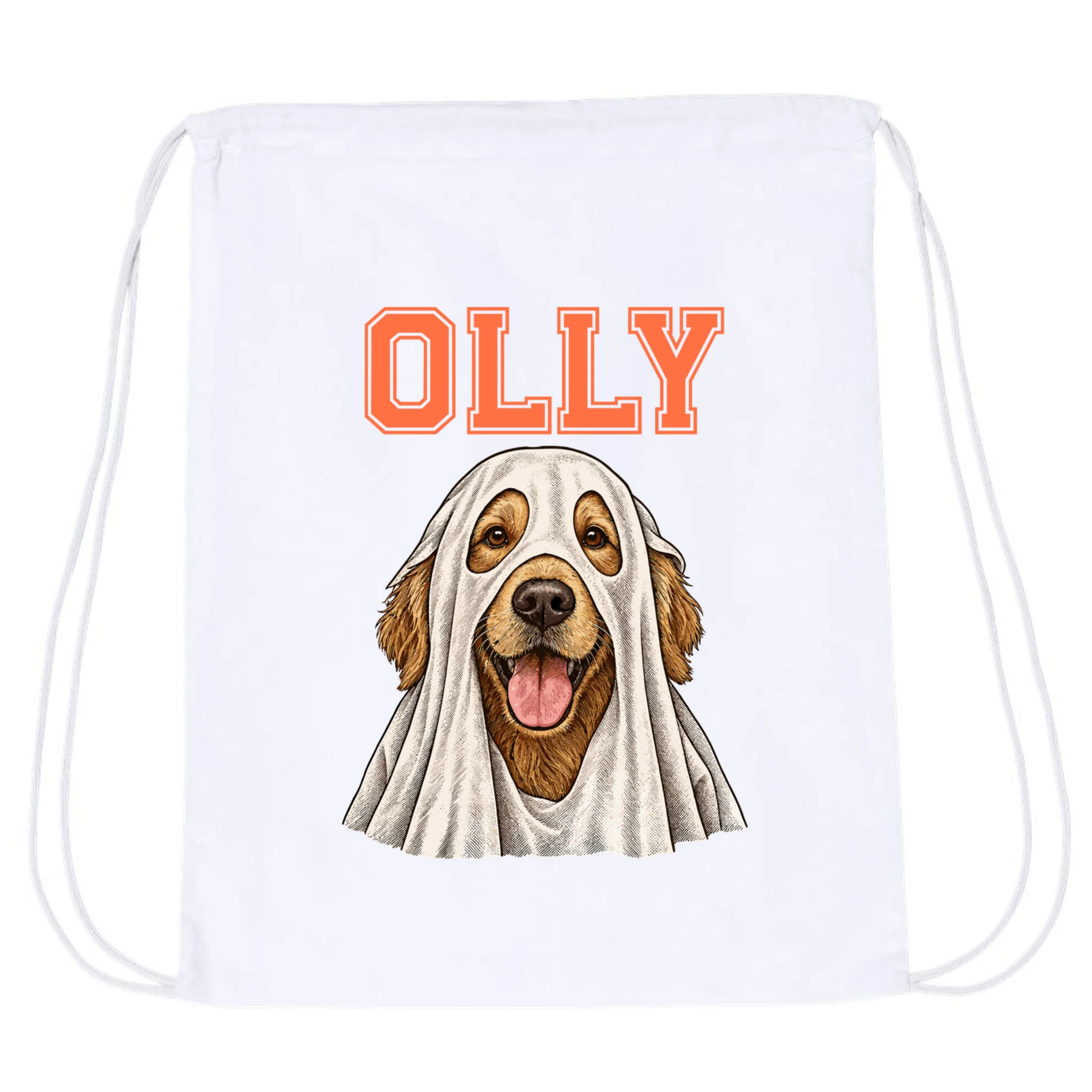 Custom Halloween Ghost Pet Portrait with Name – Personalized Spooky Dog & Cat Shirt Drawstring Bag - Front