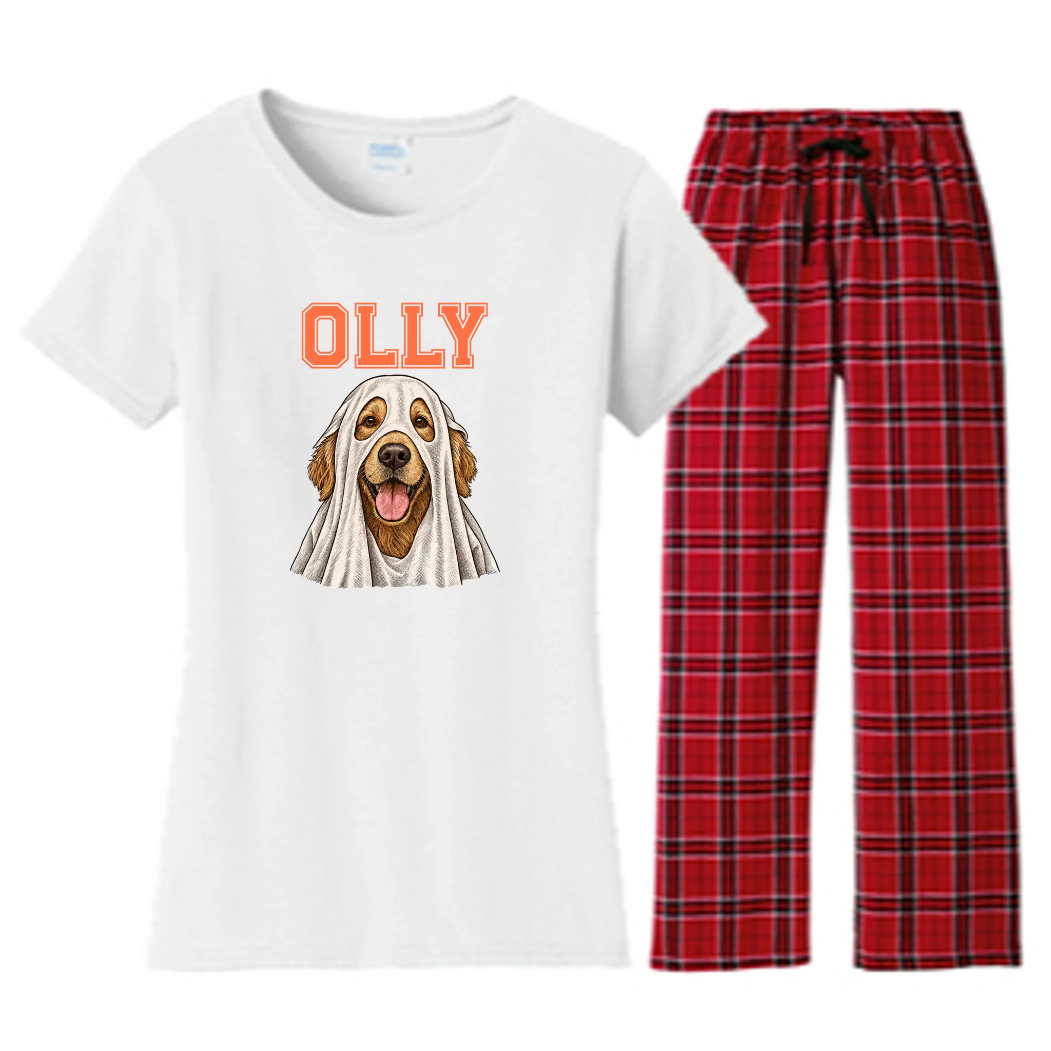 Custom Halloween Ghost Pet Portrait with Name – Personalized Spooky Dog & Cat Shirt Women's Flannel Pajama Set - Front