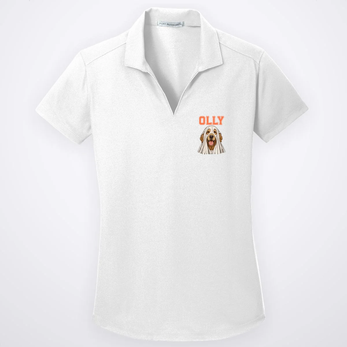Custom Halloween Ghost Pet Portrait with Name – Personalized Spooky Dog & Cat Shirt Women's Polo - Front