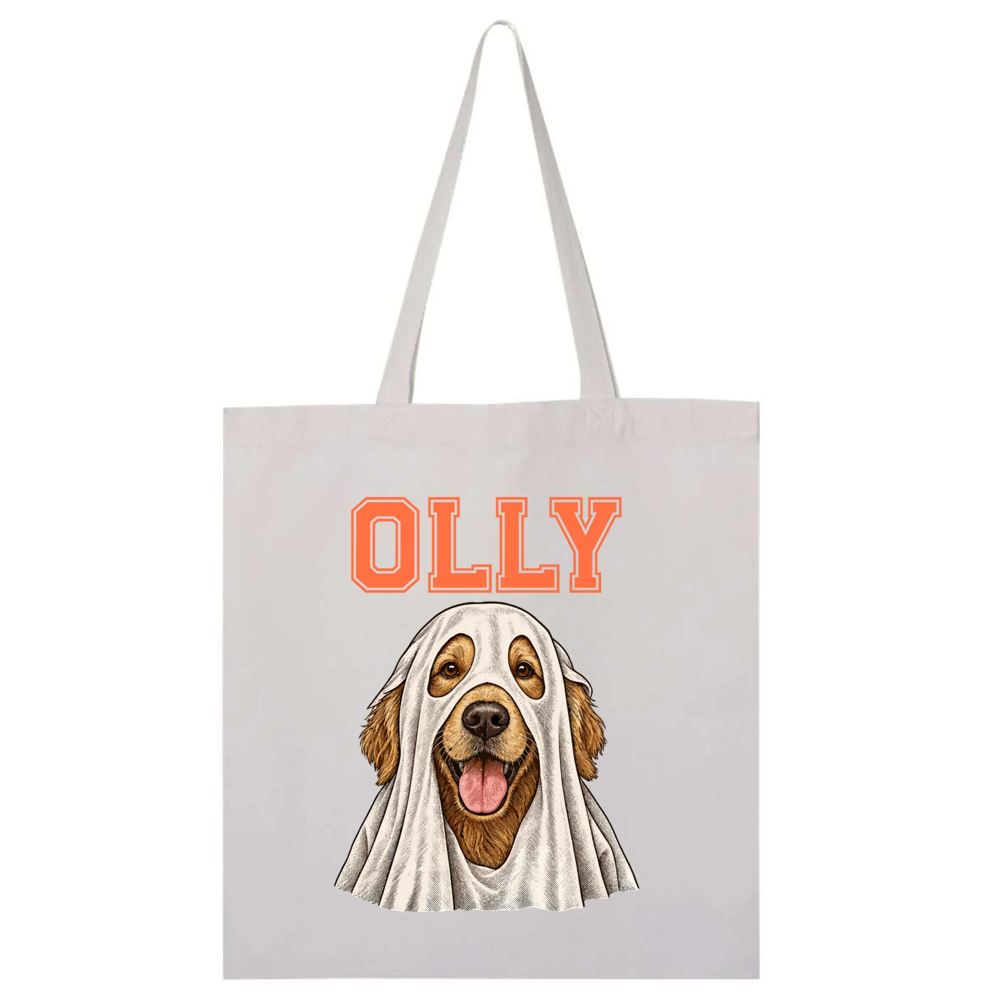 Custom Halloween Ghost Pet Portrait with Name – Personalized Spooky Dog & Cat Shirt Tote Bag - Front